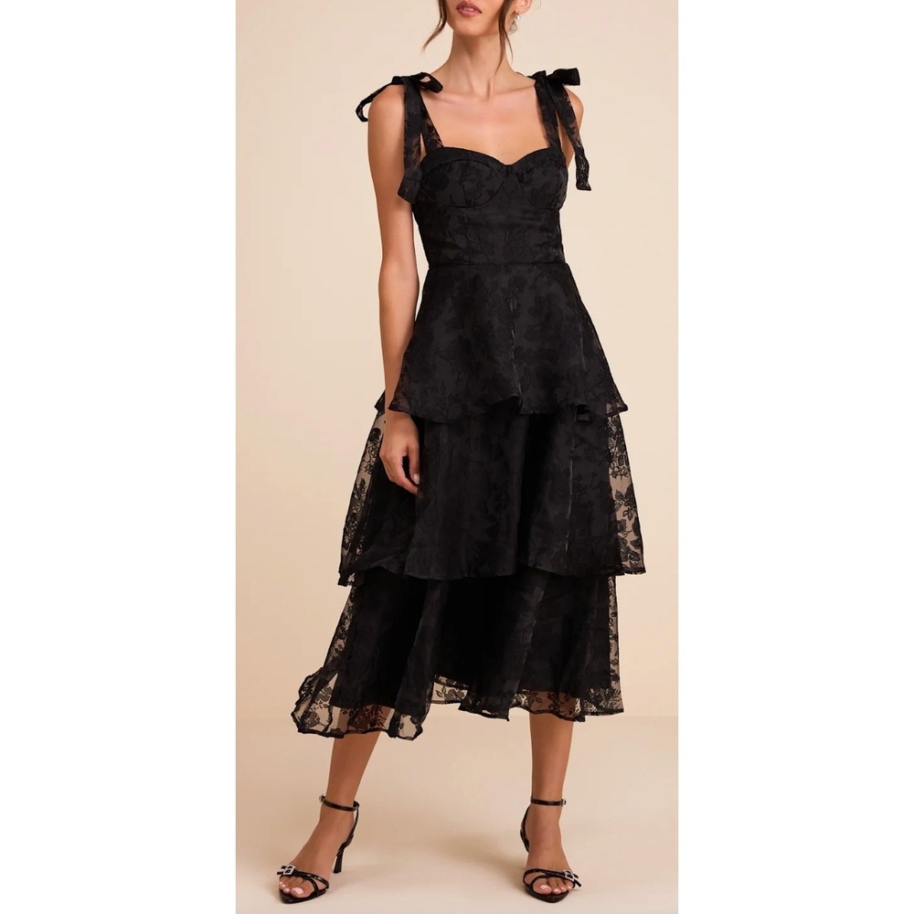 Lulus Black Burnout Floral Tiered Ruffle Bustier Midi Dress Small Tie Strap